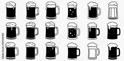 Collection of black and white vector illustrations of beer mugs with frothy heads, arranged in a grid pattern on a transparent background.