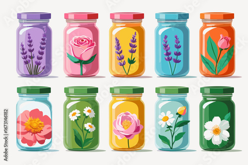 Decorative jars filled with herbal extracts, illustrated flowers on pastel background  