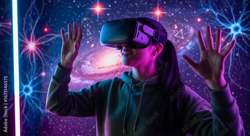 Obraz premium Woman experiencing virtual reality with headset, exploring futuristic digital galaxy interface
