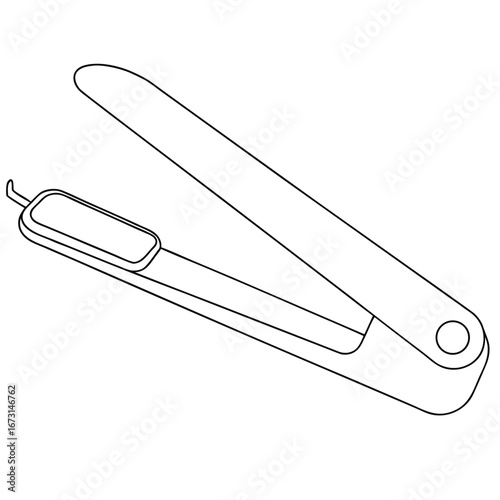 Simple Outline Drawing of an Open Hair Straightener on White Background hair styling beauty tool
