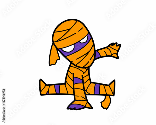 Funny mummy cartoon character dancing. Spooky orange mummy fullbody character in dancing pose. Halloween party costume ideas