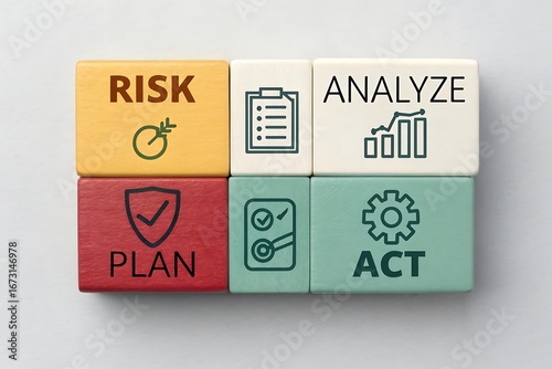 Six colorful blocks arranged in two rows with words Risk Plan Analyze Act and icons for target checklist graph and gear