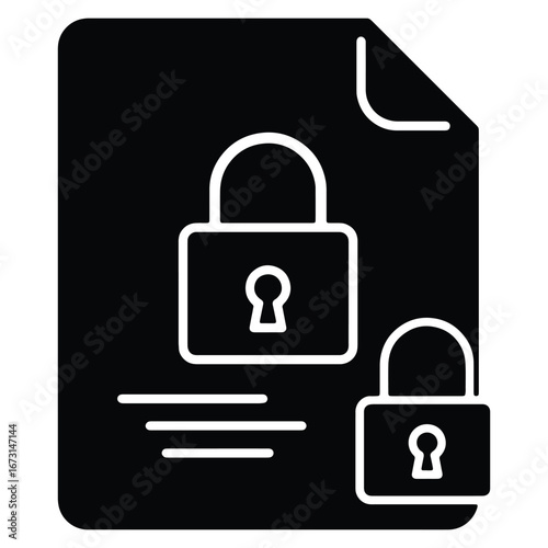 Data Security and Privacy Concept Black and White Illustration Featuring Padlocks Protecting a Digital Document Signifying Encryption and Access Control