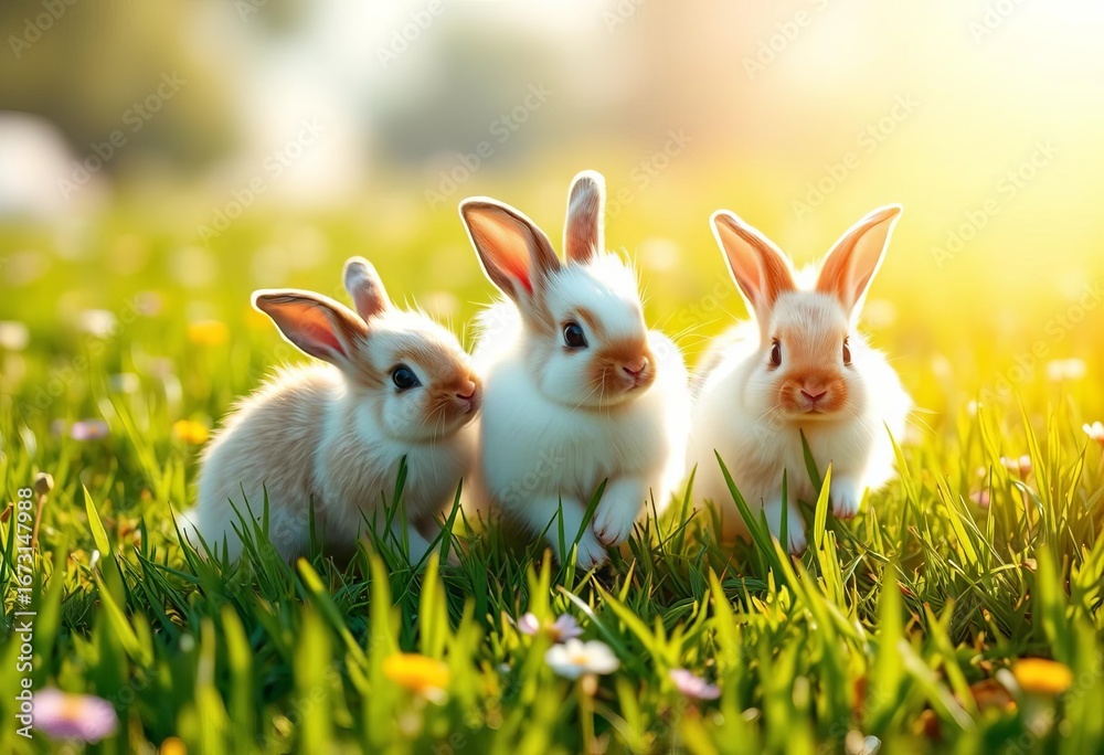 Fototapeta premium Three fluffy bunnies frolic in a sun-dappled meadow, wild, wildlife
