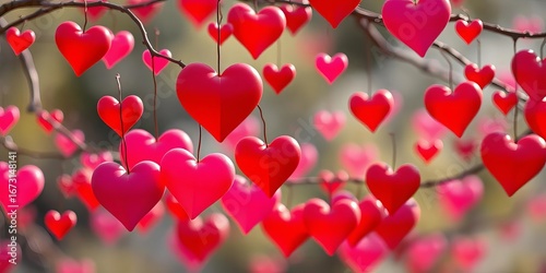 Vibrant hearts, red, pink, purple, gently swaying in breeze,  light,  illustration