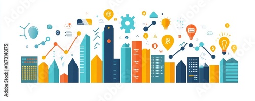 Infographic illustrating business growth, with clear, colorful icons and charts representing positive trends. This image is ideal for corporate presentations or reports, Generative AI