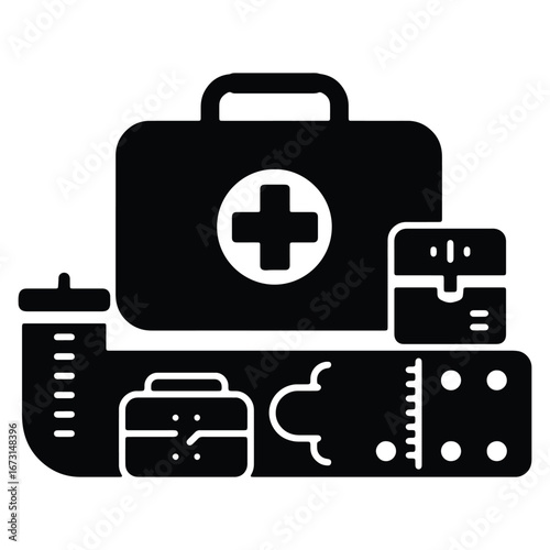 Medical First Aid Kit Emergency Supplies Vector Illustration Black and White Healthcare Concept Preparedness and Safety Equipment
