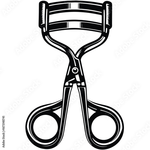 Stylized black and white illustration of a vintage eyelash curler with bold lines makeup tool beauty accessory