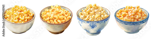 Obraz  z motywem Delectable watercolor illustration of creamy macaroni and cheese in various bowls, perfect for food blogs and recipe promotions PNG set Transparent backround