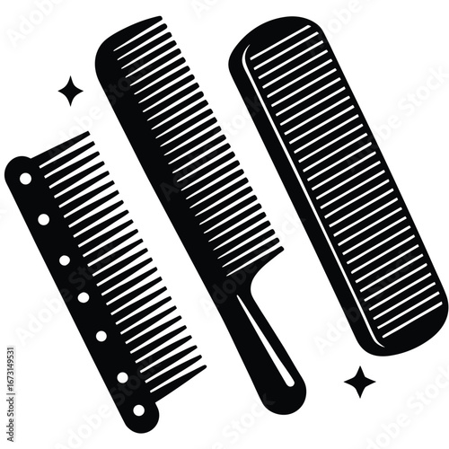 Three black silhouette hair combs of different sizes on white background styling grooming