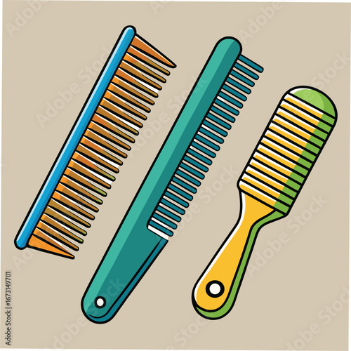 Three Colorful Hair Combs Arranged Diagonally on a Neutral Background hairbrush grooming