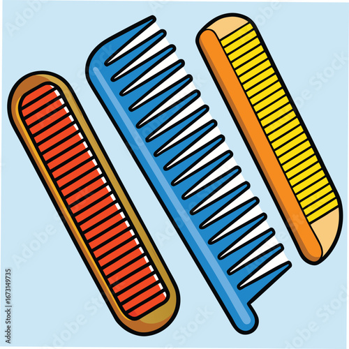 Three Colorful Combs Arranged Diagonally on a Light Blue Background hair combs hair styling
