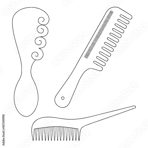 Three distinct combs with decorative handles and teeth on a white background hair comb styling