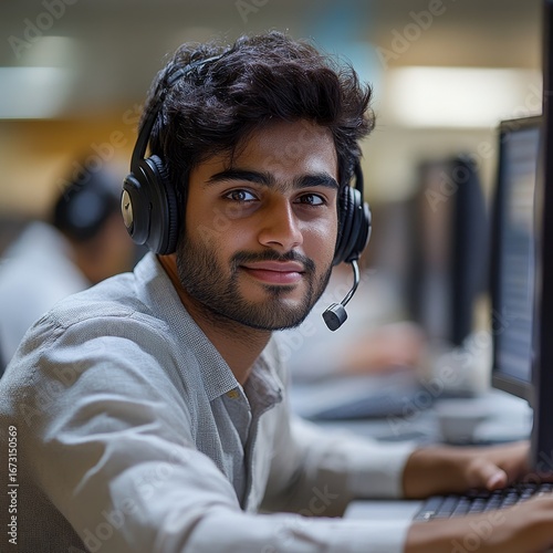 Young man in an Indian call center looking at the camera while working on his computer. The image conveys a professional and focused atmosphere in a customer service setting, Generative AI