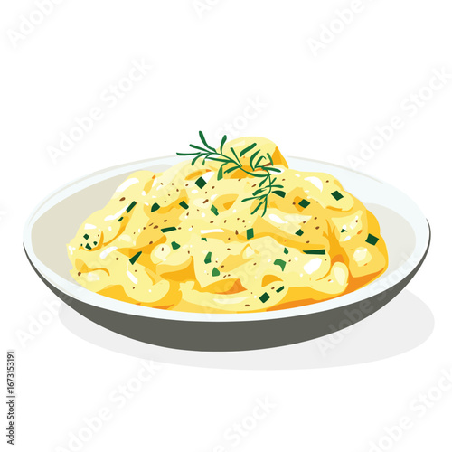 flat vector of scrambled eggs with herbs on a plate