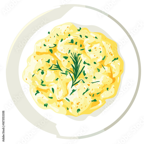 flat vector of scrambled eggs with herbs on a plate