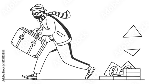 Masked figure runs with stolen suitcase, leaving cash & documents. Financial crime, theft, fraud, illicit gains, escape concept.