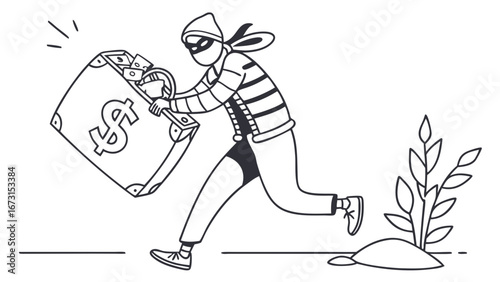 Burglar running with stolen money suitcase. Financial crime, theft, robbery, and fraud concept illustration.
