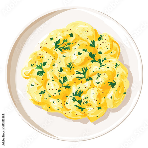 flat vector of scrambled eggs with herbs on a plate
