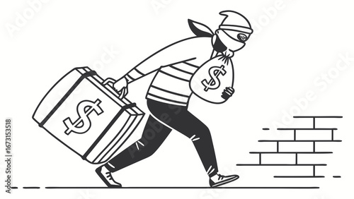 Thief with stolen money and cash bag. Financial crime, robbery, security, fraud concept illustration.