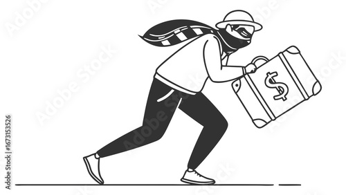 Masked Thief Running with Stolen Money Briefcase. Robbery, Financial Crime, and Illegal Acquisition Concept.