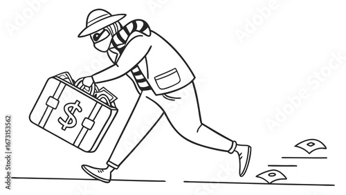 Cartoon Thief Running with Stolen Money Briefcase. Financial Crime and Theft Concept. Outline Illustration.