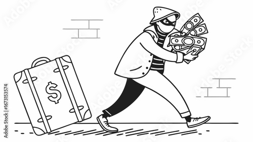 Masked thief running with stolen money and a dollar sign suitcase, depicting crime, theft, and financial loss.