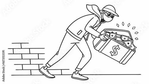 Masked burglar escaping with briefcase full of stolen money. Crime, theft, and illegal cash concept in line art illustration.