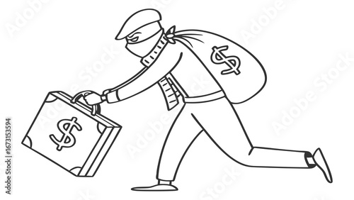 Line Art Illustration of Robber Escaping with Stolen Cash and Briefcase
