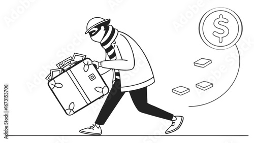 Masked thief running with stolen money in a suitcase. Financial crime and robbery concept illustration.