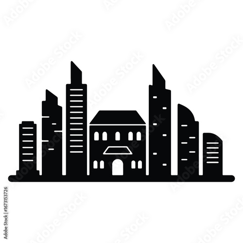 Black and white cityscape skyline with modern skyscrapers and classical architecture silhouette vector illustration design for graphic resources
