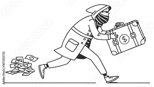 Masked person running with a stolen money briefcase, cash falling out, financial crime concept illustration