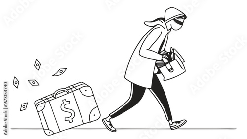 Masked thief running away with stolen money and suitcase, financial crime illustration