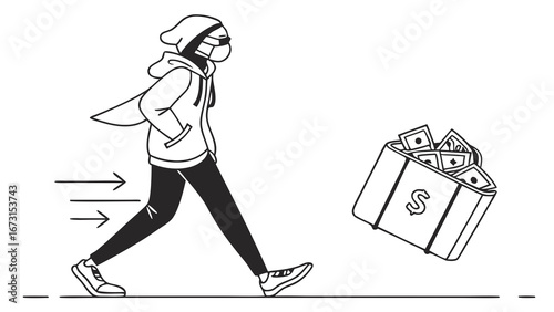 Person walking away from money bag. Financial decision, opportunity, or loss illustration.