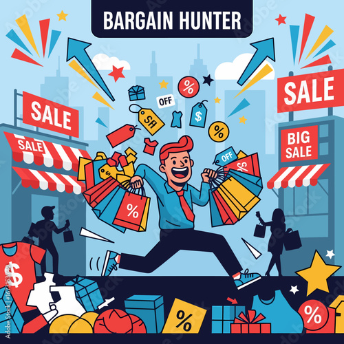 Enthusiastic shopper joyfully running through a city street filled with "Sale" signs and shopping bags, representing a bargain hunter's spree.