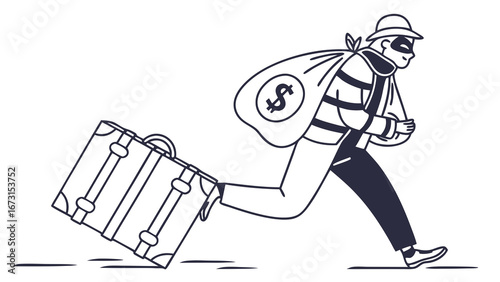 Thief running with stolen money bag and suitcase. Crime, robbery, and escape concept in line art.