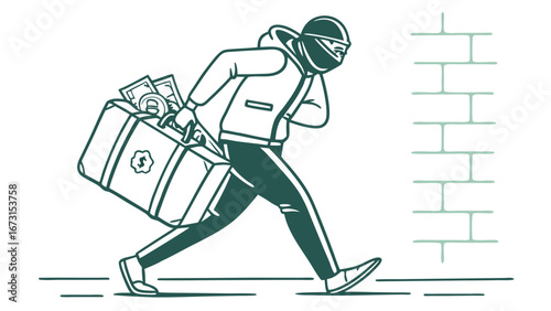 Masked thief running with a suitcase full of money. Financial crime, robbery, and theft concept illustration.