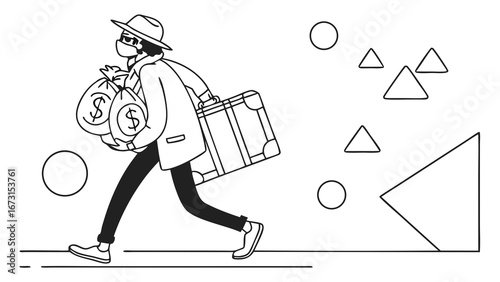 Minimalist illustration of person carrying money bags and suitcase, financial journey or wealth transfer concept