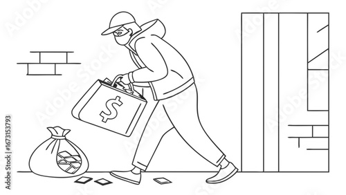 Masked Thief Stealing Money. Financial Crime, Robbery, Illicit Cash, and Illegal Activity. Line Art Illustration.