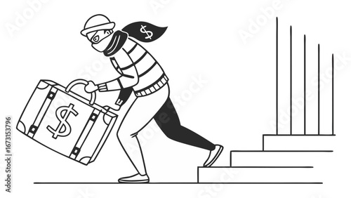 Burglar escaping with stolen money suitcase. Financial crime concept. Outline illustration of theft.