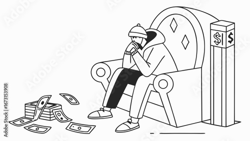 Financial Burden: Stressed Person on Money Throne Surrounded by Cash, Contemplating Wealth and Anxiety. Line Art Illustration.