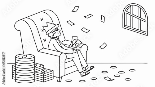 Person in armchair surrounded by falling money and cash stacks. Financial success, wealth, and abundance line art illustration.