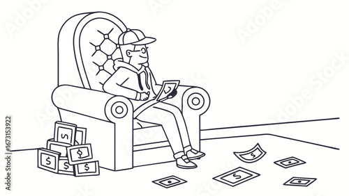 Young person relaxing in armchair, counting money. Wealth, financial success, and abundance concept.