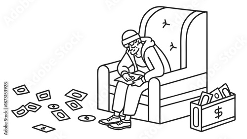 Person in armchair counting cash, surrounded by scattered money and a money box. Financial illustration.