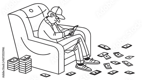 Man in armchair with tablet surrounded by money, illustrating online earning, digital finance, or wealth concept