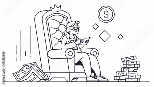 Financial Success & Digital Management: Person on Throne with Tablet, Money, & Books. Wealth, Knowledge & Power Concept.
