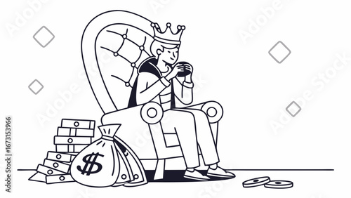 Gamer king on a throne with crown and controller, surrounded by money, symbolizing e-sports success or financial freedom in gaming