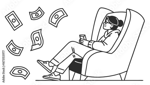 Passive Income: Relaxed Person Earning Money Online with Smartphone and Falling Cash