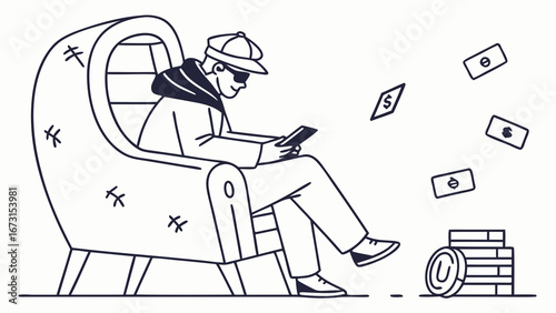 Relaxed person earning money online with digital device. Passive income and financial freedom.