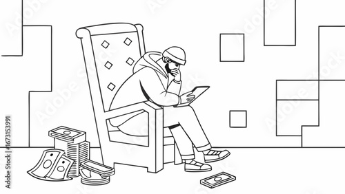 Digital Entrepreneur Managing Wealth: Man on Throne-like Chair with Tablet and Cash, Online Finance Illustration